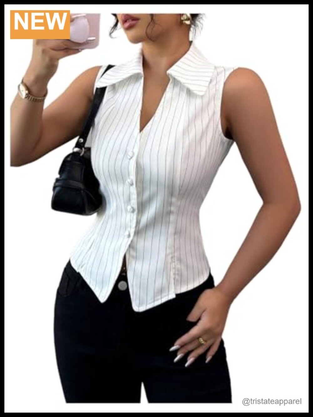 Striped Button Down Blouse Collar V Neck Sleeveless Split Hem Top